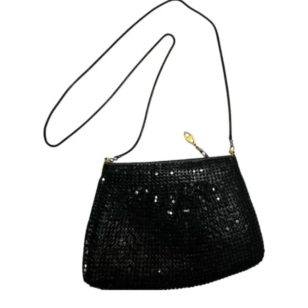 Vintage 1980s Style Black Sequin Metal Mesh Gold Accents Evening Bag